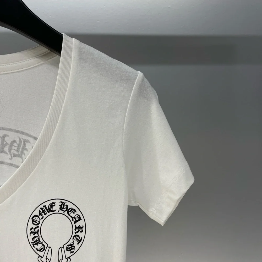 Chrome Hearts White V-Neck Tee with Black Graphics - Picture 3 of 7